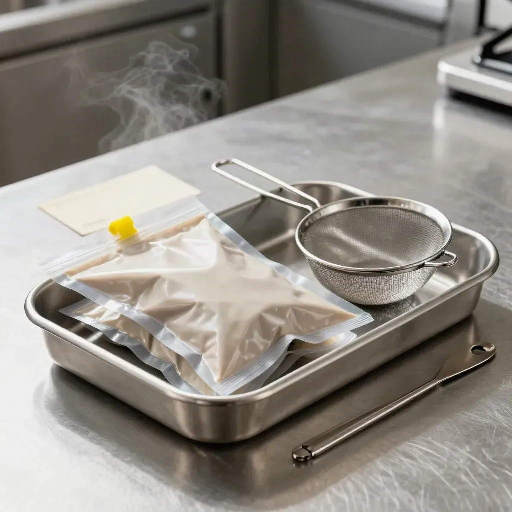 Stainless food sample trays, pouches, thermometer and sieve on brushed steel with a yellow accent.