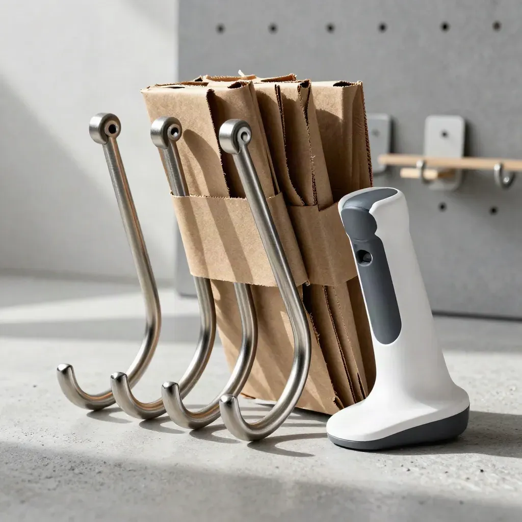 Merchandising hooks, kraft bands and a scanner cradle on concrete in soft warehouse light.