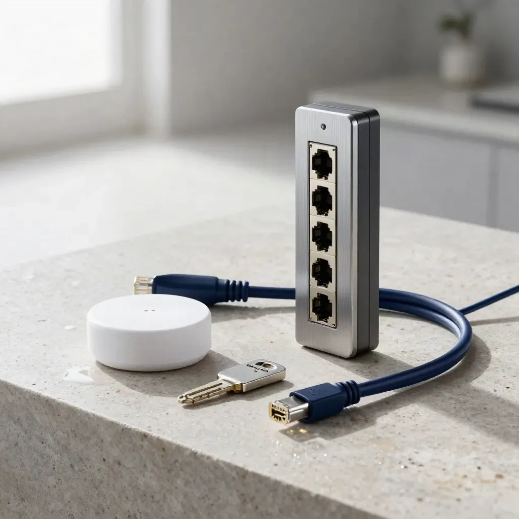 Network switch, Wi‑Fi puck, Ethernet leads and fibre modules on pale stone in soft morning light