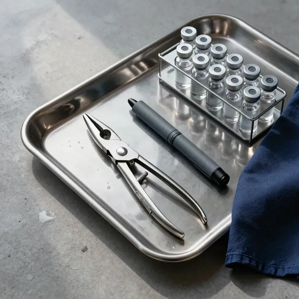 Top-down medical still life with tray, clamp, penlight and vial rack on cool concrete.