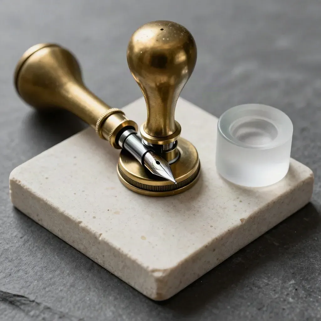 Macro flat lay of brass seal embosser, pen nib, paperweight and archival clips on pale stone.