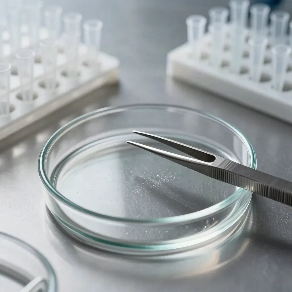 Top-down macro of lab petri dishes, tube rack, pipette tips and tweezers on brushed metal.
