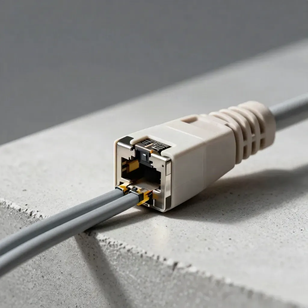 RJ45 keystone jack with cable boot and two ties on pale concrete, side-on macro