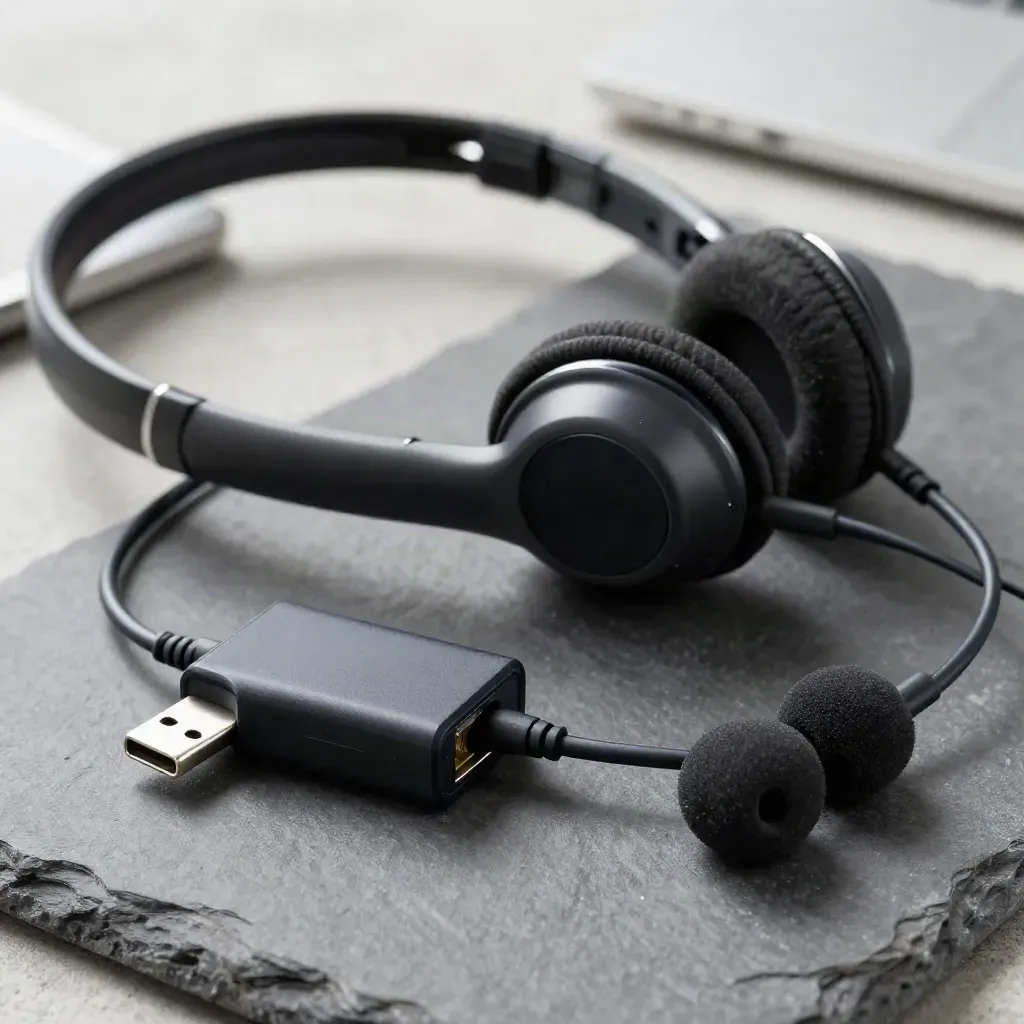 Macro of a headset, USB-C Ethernet adapter, and spare earpad on graphite stone