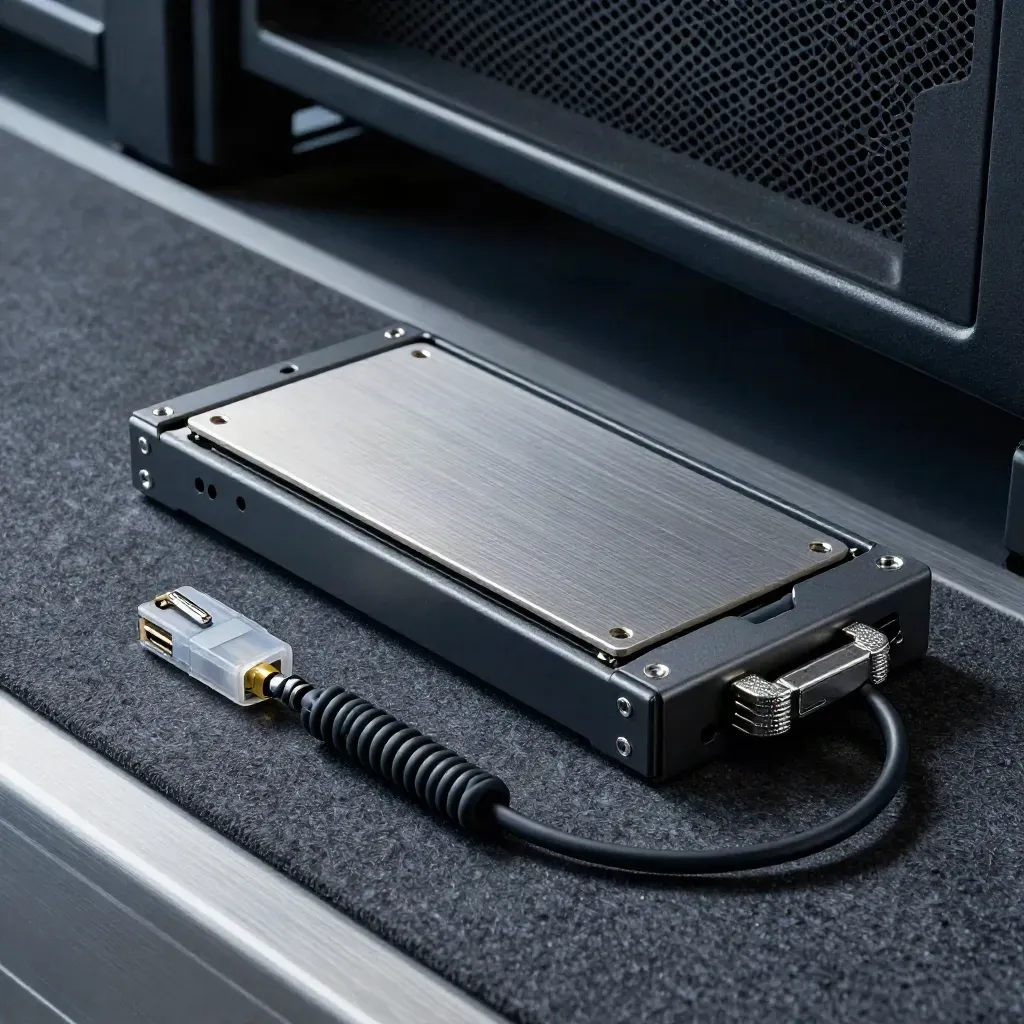 Hot-swap drive caddy, migration dock and fibre coupler on charcoal felt with one sled half inserted.