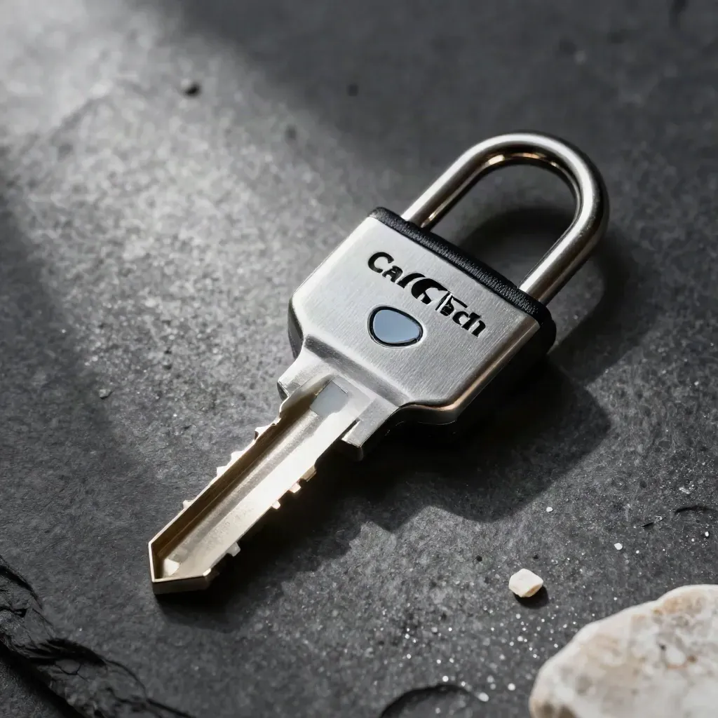 Overhead macro of a security key, padlock shackle and tamper seals on graphite stone.