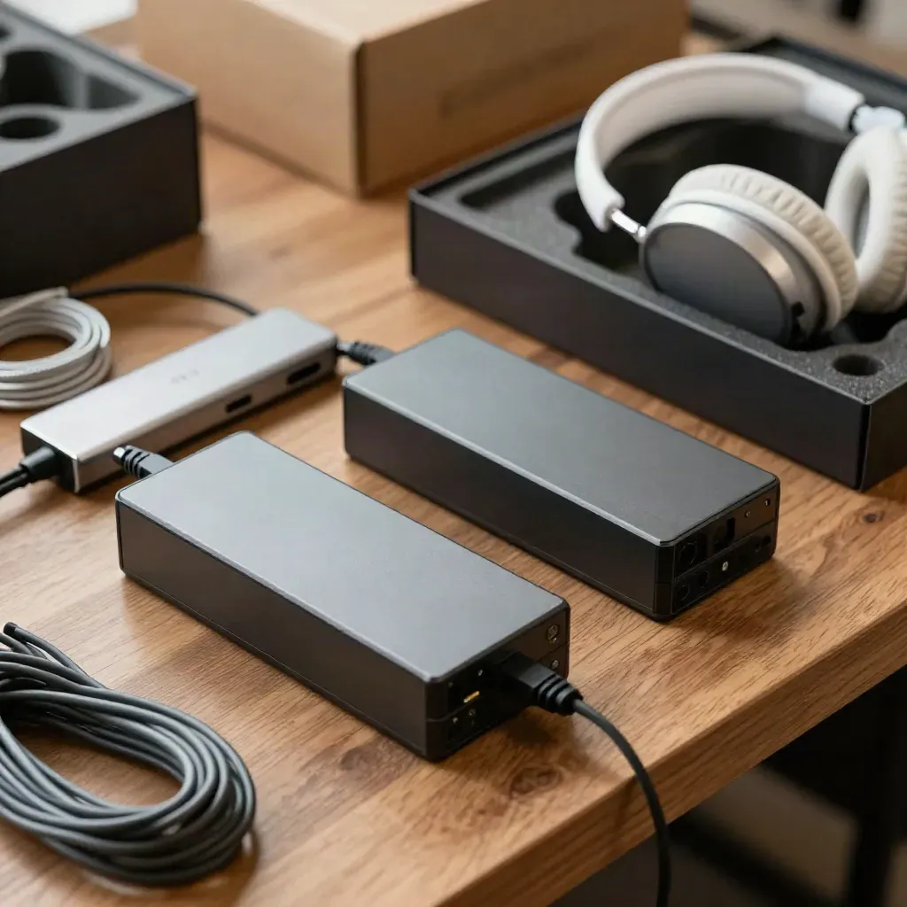 Laptop chargers, docking hub and headset arranged in foam trays on a warm wood surface.