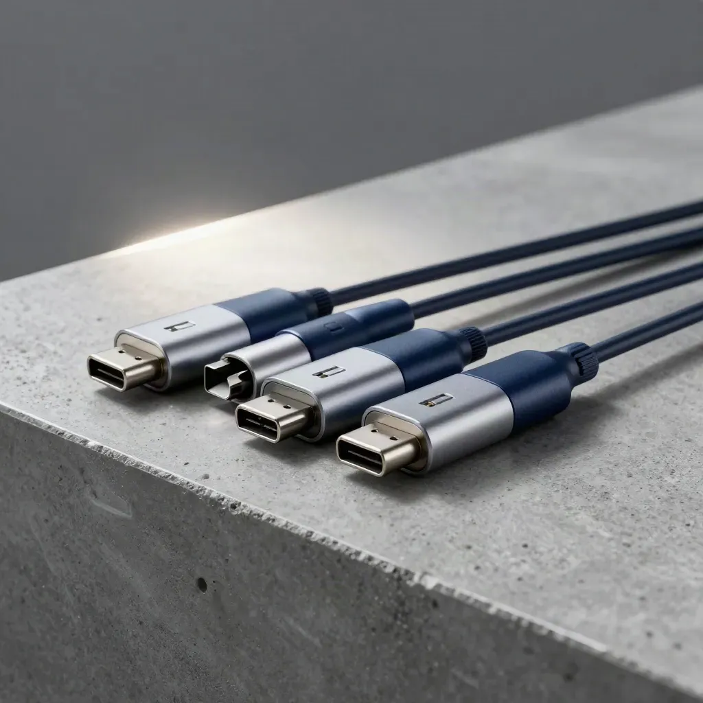 USB-C, HDMI and ethernet adapters fanned on brushed metal in dramatic studio light