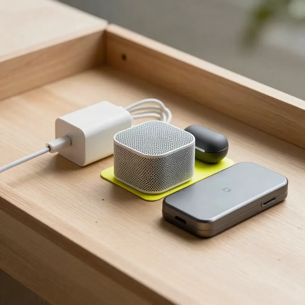 Startup tech kit unpacked: charger, Wi‑Fi node, headset case and dock on pale wood.