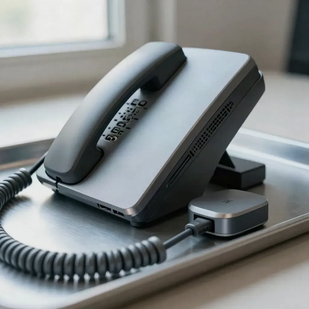 Macro cluster of office phone base, cable spine, dock hub and Wi‑Fi puck on brushed metal.