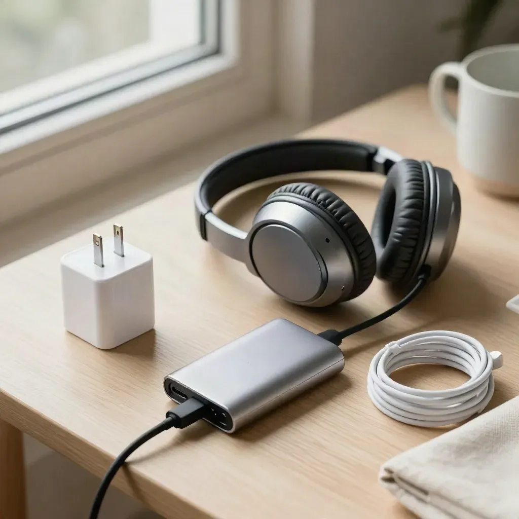 Top-down still life of charger, headset, USB-C hub and cable on a pale side table