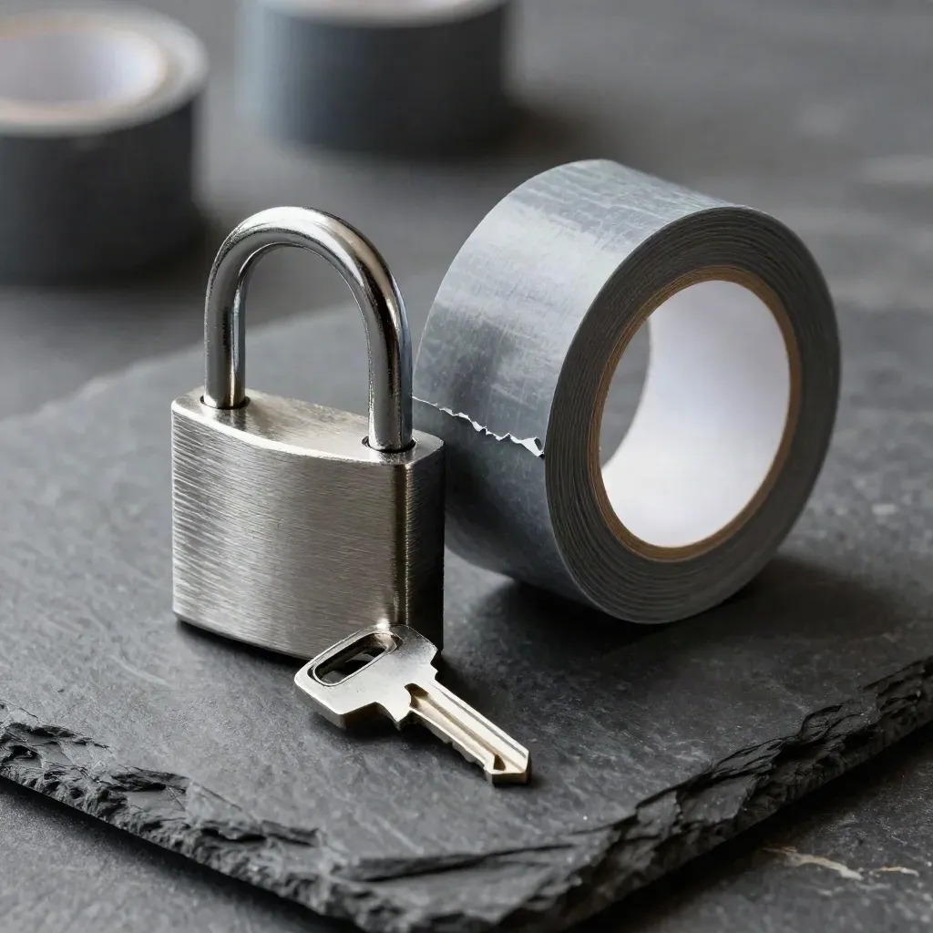 Security key, padlock, and tamper tape on slate stone with dramatic light.