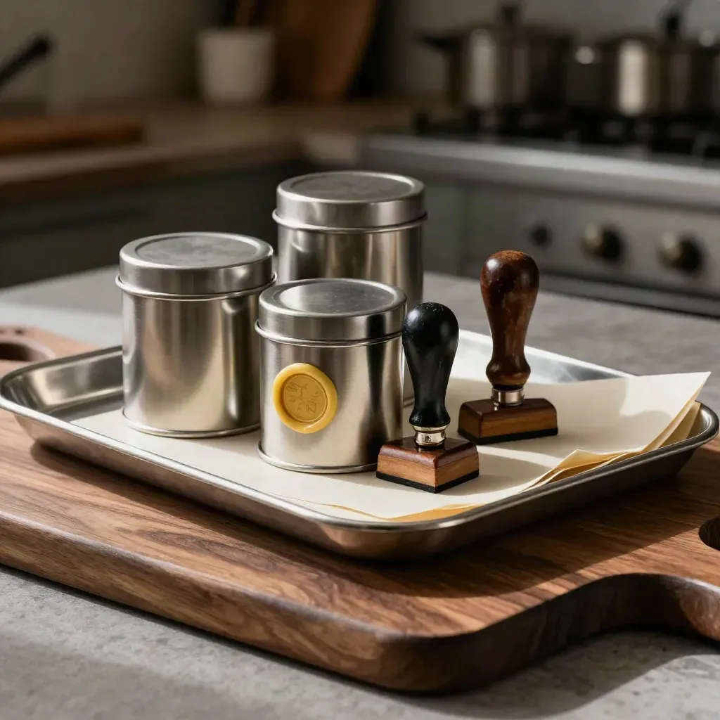 Brushed tray, spice tins, stamp and parchment on walnut under warm dramatic light.