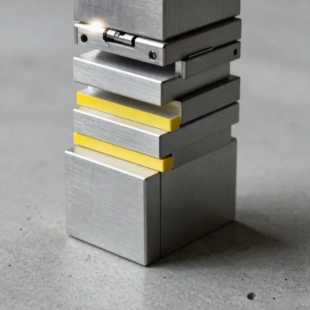 Stacked aluminium cubes and hinge plates on concrete with a canary-yellow spacer, lit by a bright rim.