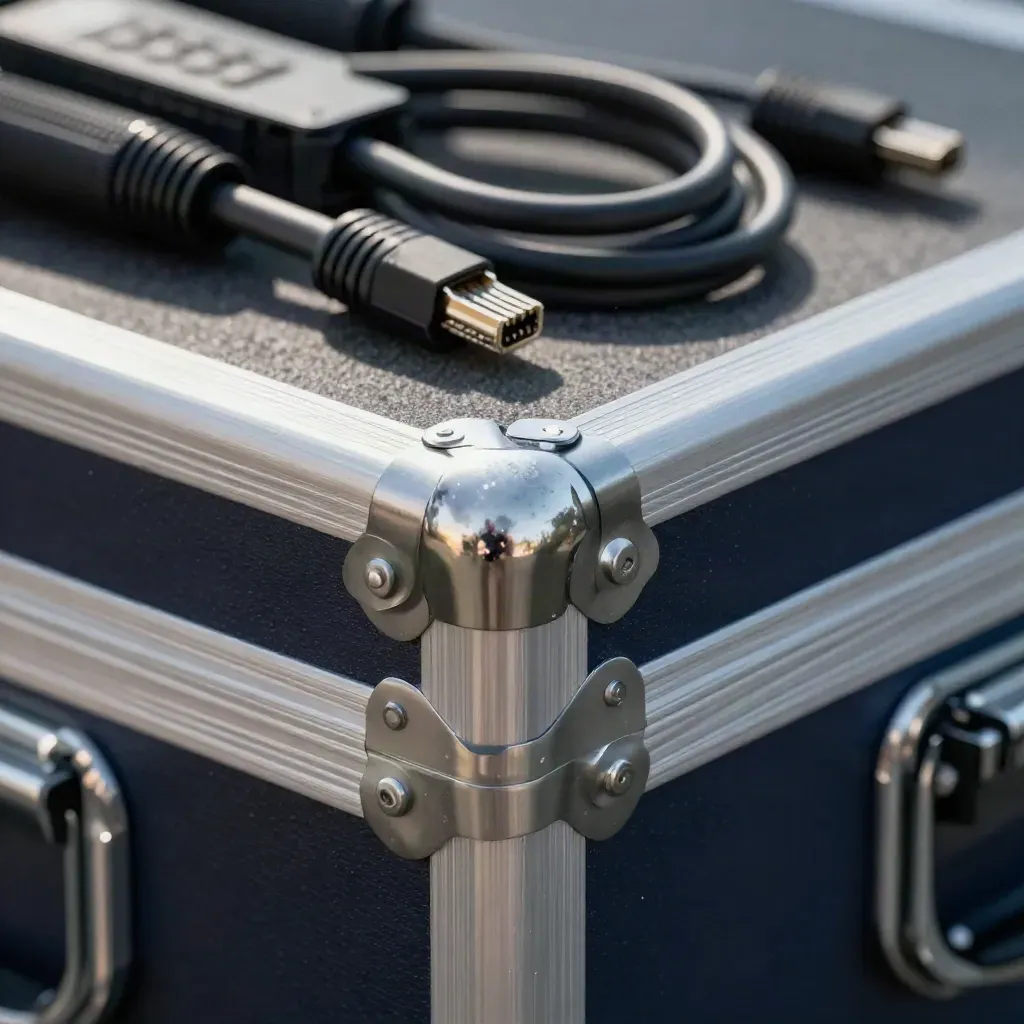 Closed flight case with SSD caddies and coiled network lead on charcoal felt.