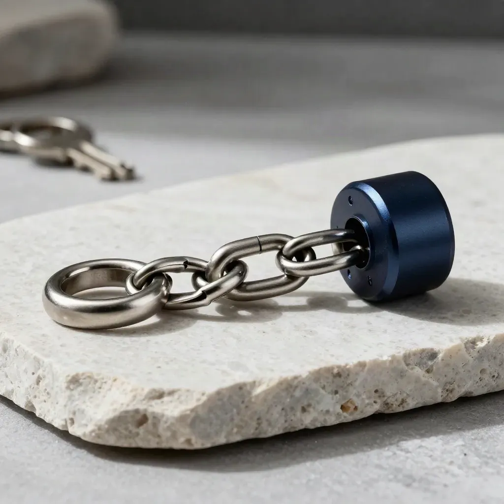 Linked metal rings and a compact port module on pale stone in dramatic workshop light.