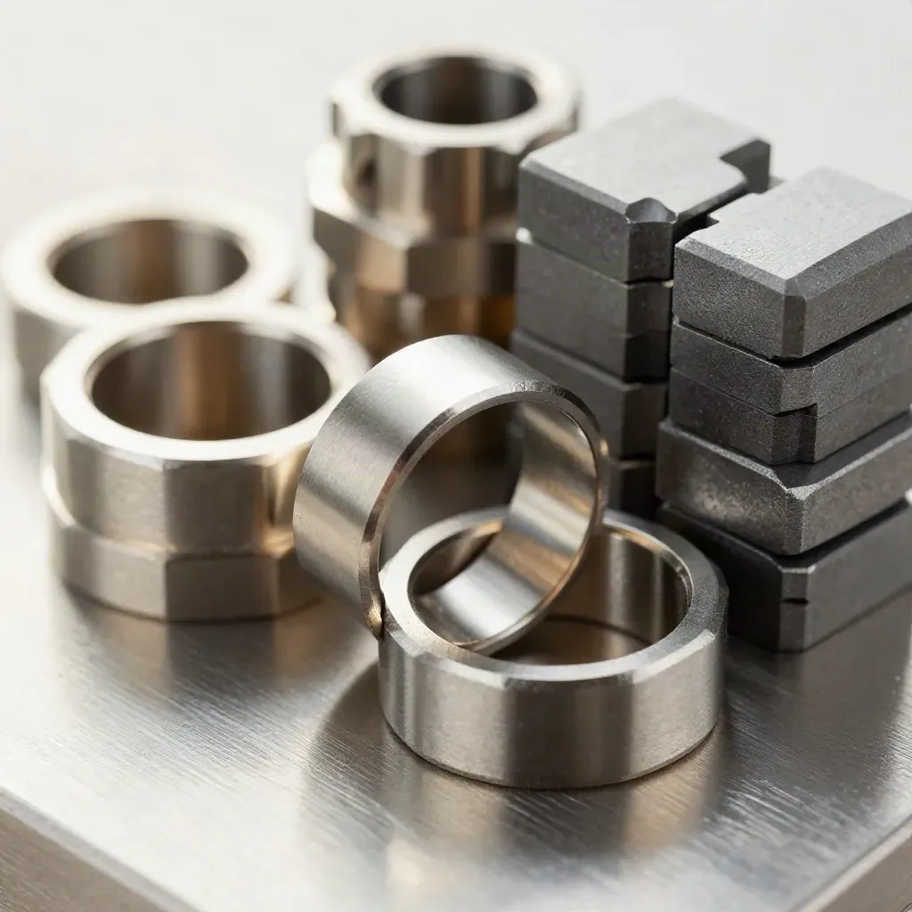 Macro of interlocking metal rings, connector sleeves and modular blocks on brushed metal.