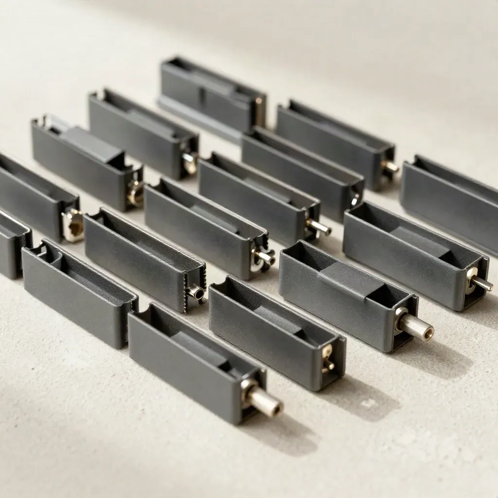 Cable clips, spacers, and connector pins arranged on warm plaster in a calm diagonal flat lay.