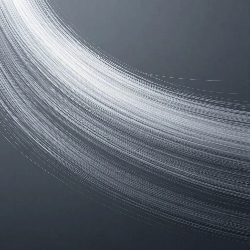 Silver light filaments converge into a white bloom in dark graphite space with open copy area.