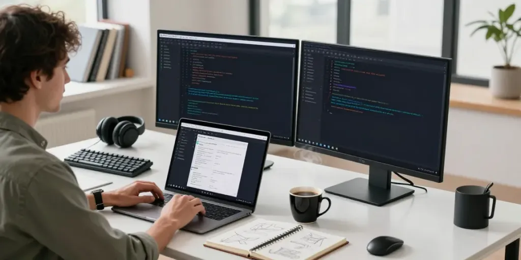 Developer optimizing instant indexing tools at a tech workspace with dual monitors.